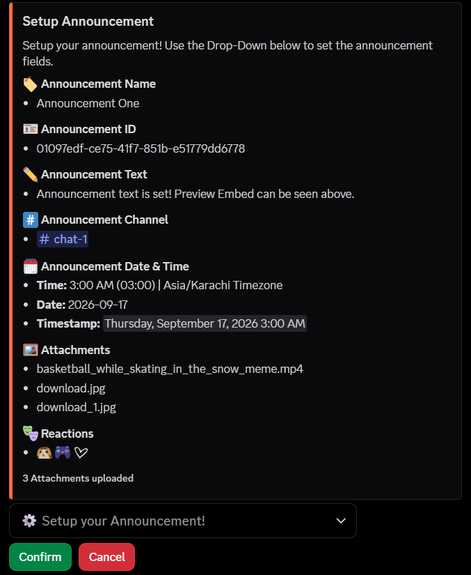 Completed setup embed before confirming